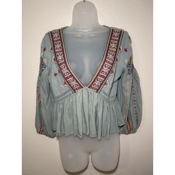 Free People Boho Embroidered Peasant Top – Size Small - Picture 1 of 7